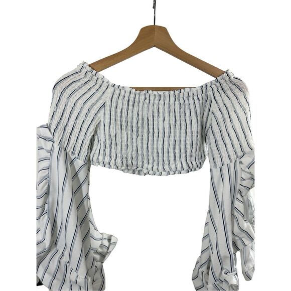 NWOT Hot & Delicious White and Blue Strip Ruffle Long Sleeve Off Shoulder Crop B - Picture 2 of 10